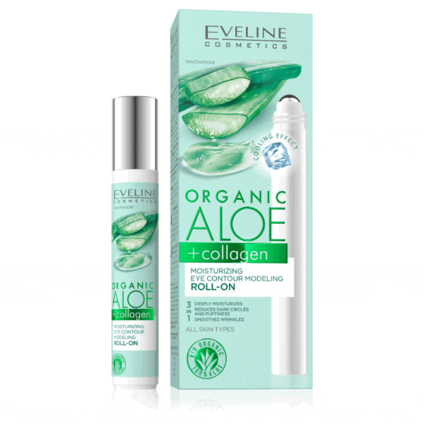 رول چشم ارگانیک و کلاژن مرطوب کننده آلوئه ورا اولاین Eveline Organic Aloe + Collagen Moisturising Eye Contour Modelling Roll-On 15ml - Image 1