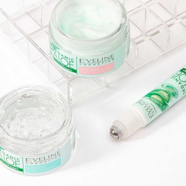 رول چشم ارگانیک و کلاژن مرطوب کننده آلوئه ورا اولاین Eveline Organic Aloe + Collagen Moisturising Eye Contour Modelling Roll-On 15ml - Image 2