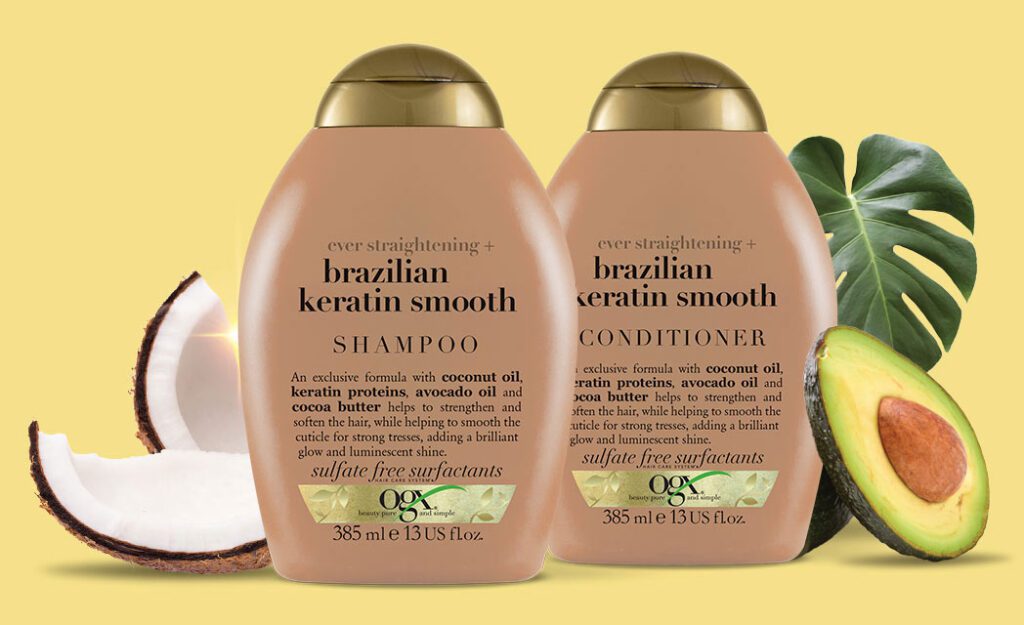 شامپو کراتین برزیلی اوجی ایکس OGX حجم ۳۸۵ میل | بدون سولفات، صاف کننده قوی مو